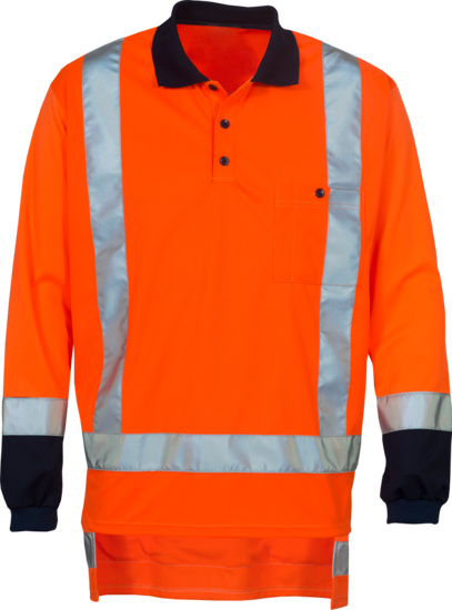 High-visibility orange and navy polo shirt, 3XL, lightweight micromesh, with pocket and sun protection rating UPF 40.