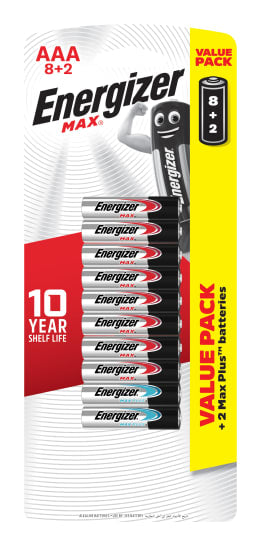 Energizer Max AAA 8 Value Pack with 2x Max Plus, reliable, long-lasting batteries with PowerSeal technology for device protection.