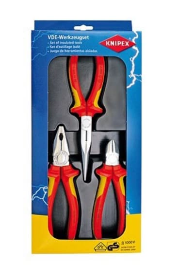 Knipex Electro Set featuring VDE pliers for safe electrical work, chrome-plated with ergonomic grips for comfort and durability.