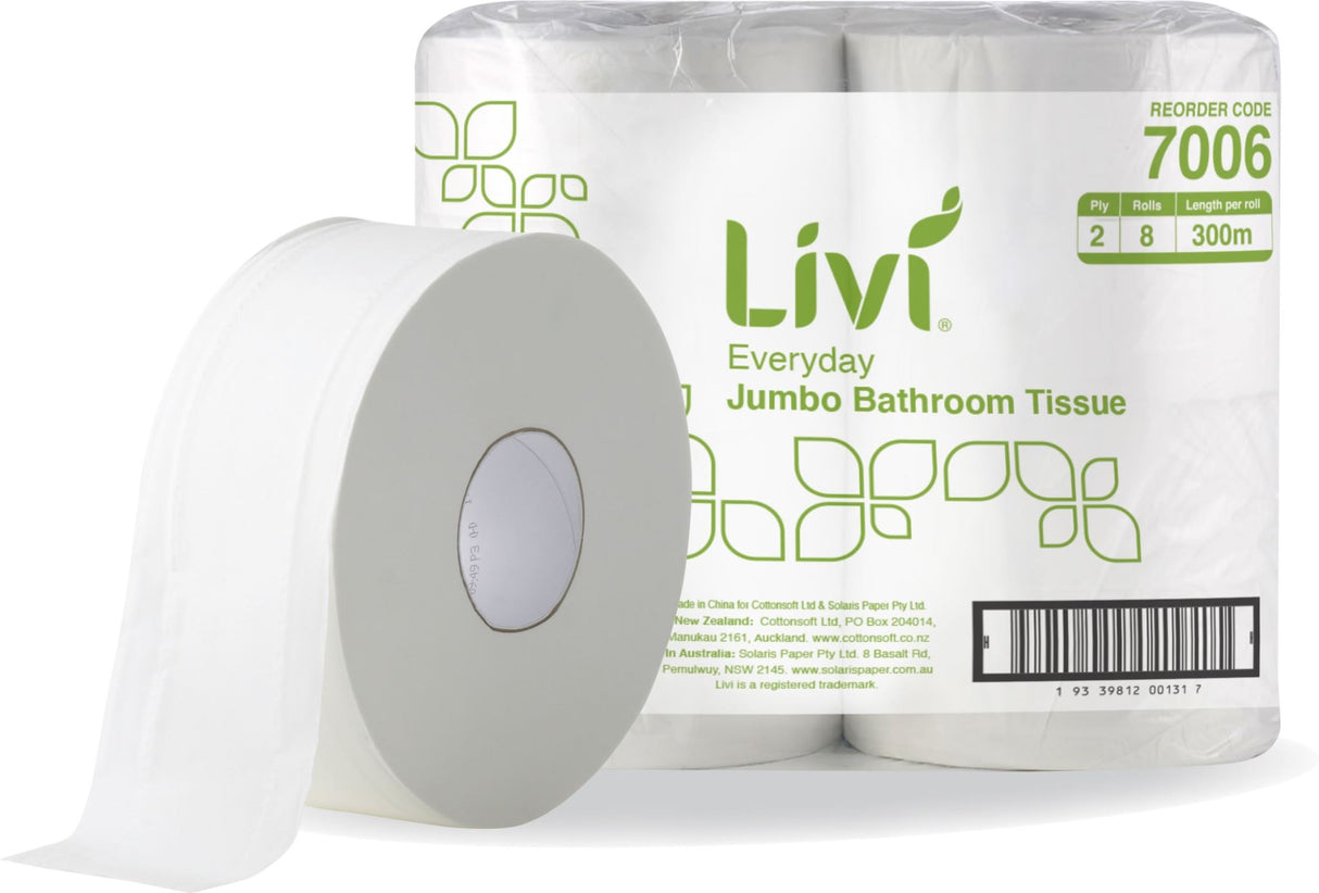 2 Ply Toilet Paper Jumbo Roll 300 Metres (Carton of 8) - Livi Everyday