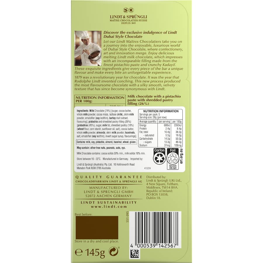 Lindt Chocolate Block Dubai Style - 145g