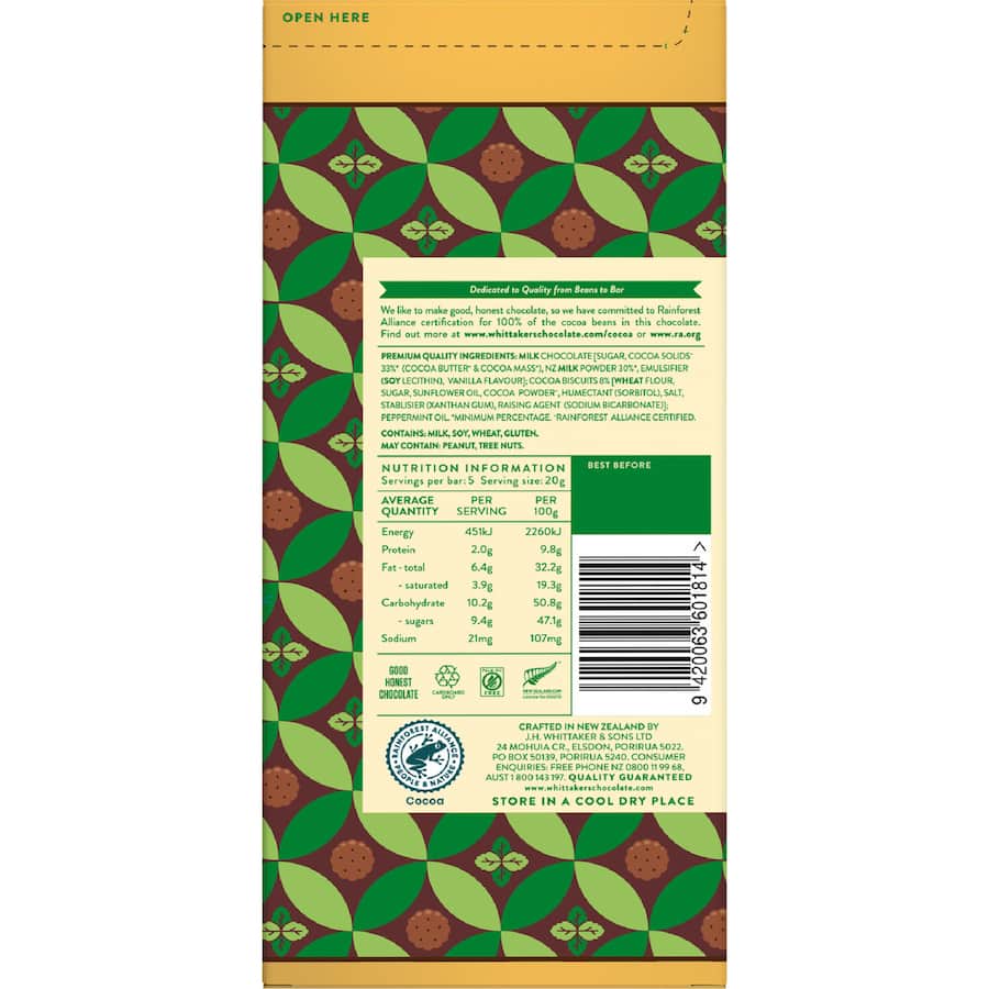 Whittakers Chocolate Block Peppermint & Cocoa Biscuit - 100g