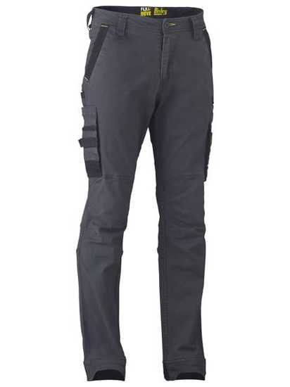 Charcoal Bisley FLEX & MOVE cargo pants, size 87, featuring stretch fabric, multiple pockets, and reinforced durability.