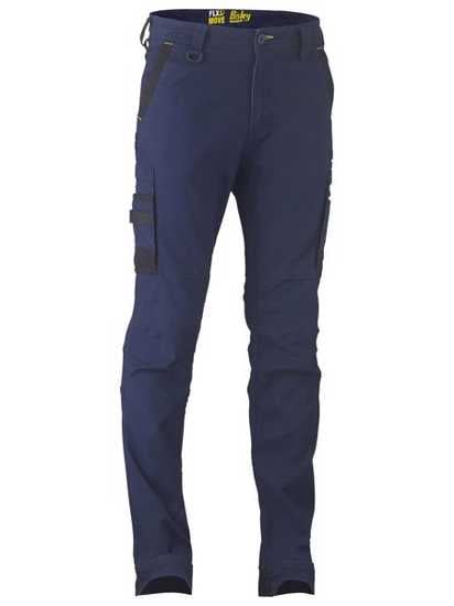 Navy Bisley FLEX & MOVE cargo pants with durable construction, multiple pockets, and enhanced stretch for comfort and mobility.