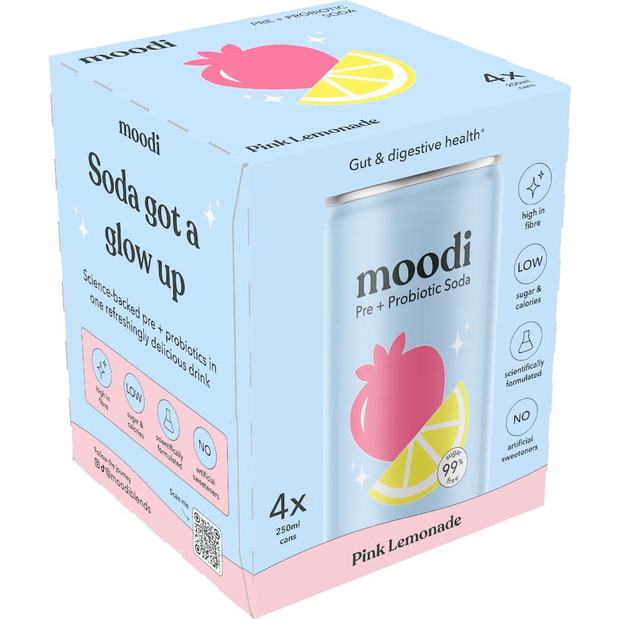 Moodi Pre + Probiotic Soda Pink Lemonade 4 Pack - Refreshing Probiotic ...