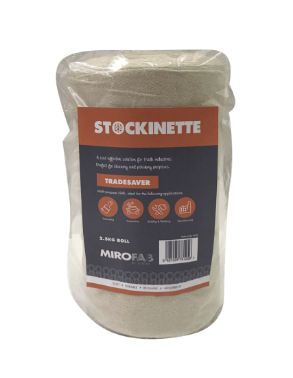 Highly absorbent white stockinette cleaning cloth roll, perfect for spills, stains, and versatile cleaning tasks.