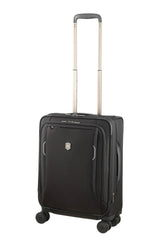 Sleek black 55cm expandable carry-on with 8 wheels, USB port, and padded laptop compartment for modern travelers.