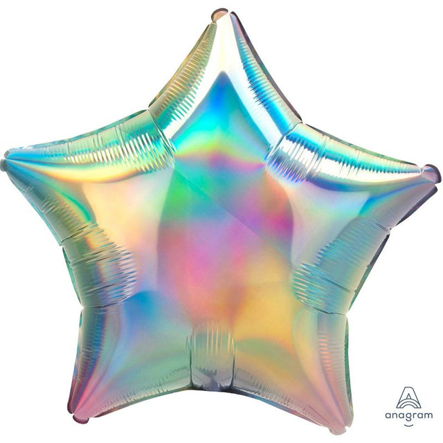 Holographic pastel rainbow star foil balloon (45cm) perfect for festive celebrations and themed parties.