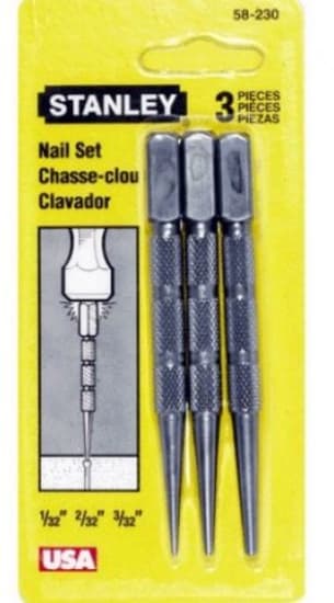 Stanley Black & Decker Nail Punch Set with square heads, featuring three sizes for precise nail setting and a comfortable grip.