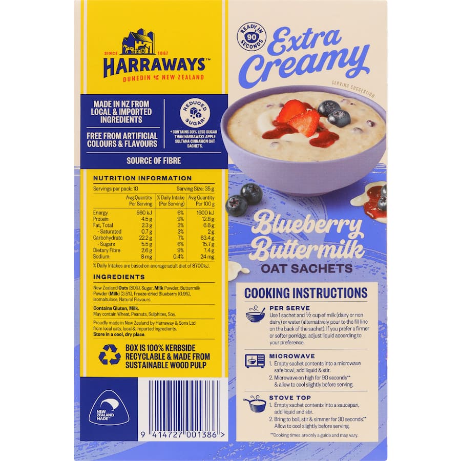 Harraways Extra Creamy Oat Sachets Blueberry Buttermilk 350g