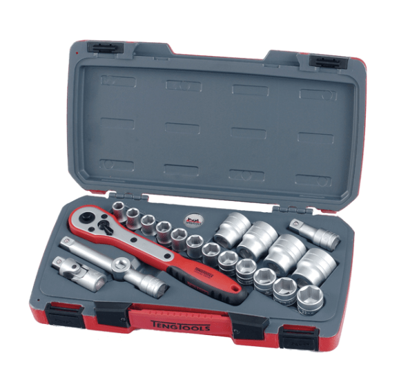 21-piece Teng 1/2" drive metric socket set in a durable case, featuring chrome vanadium steel sockets from 10mm to 32mm.