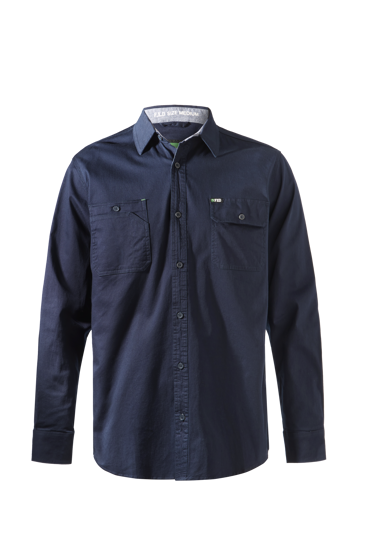 Navy FXD Cotton Stretch Work Shirt, size S, featuring roll sleeves, dual pockets, and a tailored fit for comfort and style.