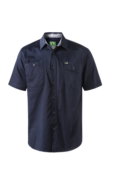 Navy FXD Cotton Stretch Work Shirt SSH-1 in size M, featuring roll sleeves, dual pockets, and tailored fit for comfort and style.