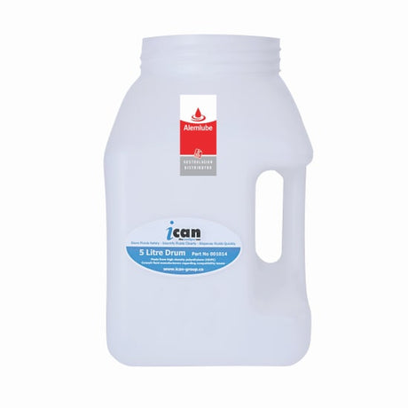 Durable 5L container for automotive fluids, featuring a spill-proof design and ergonomic handle for easy pouring and transport.