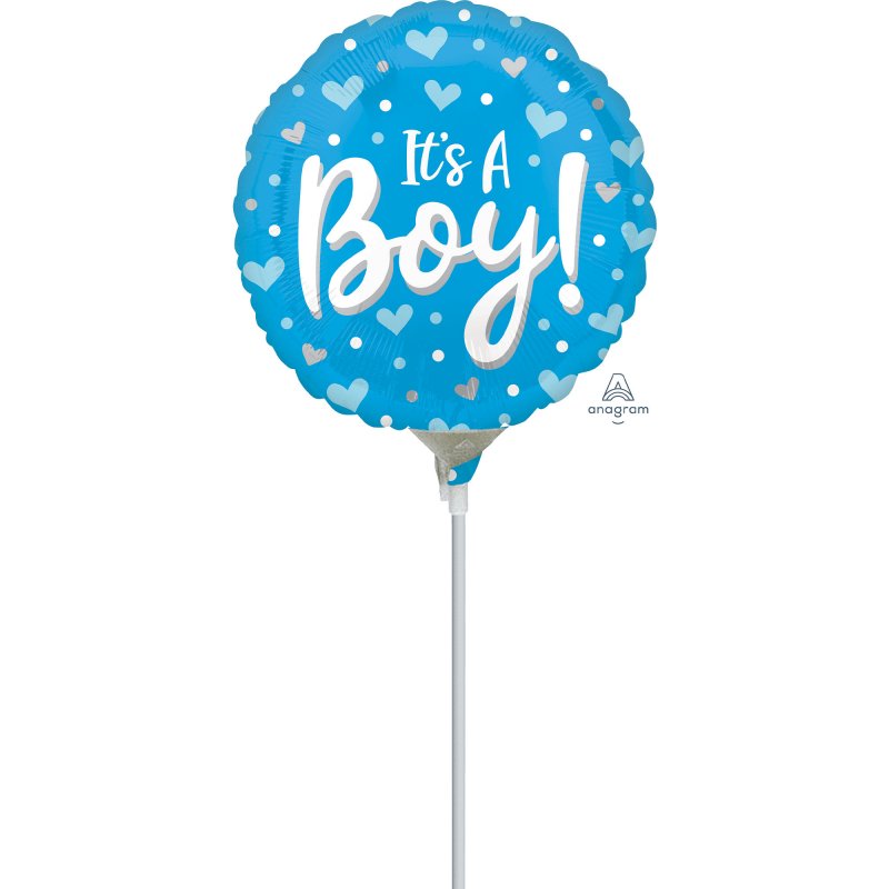 Charming 22cm foil balloon with "It's A Boy" design, adorned with hearts and dots for baby celebrations.