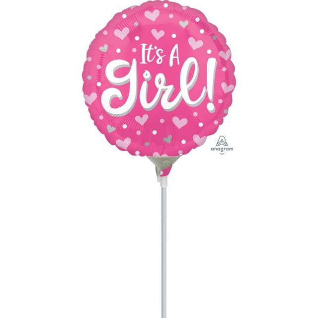 Foil balloon featuring "It's A Girl" with hearts and dots, ideal for baby showers and gender reveal parties, 22cm size.