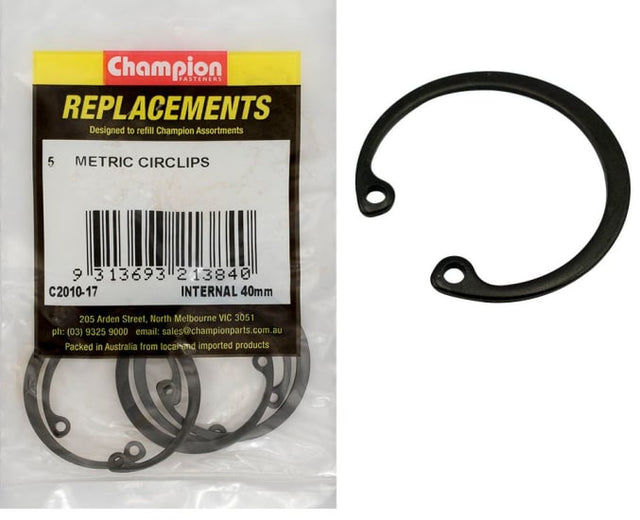 A pack of five 40mm internal circlips for automotive repairs and DIY projects, ensuring secure component retention.