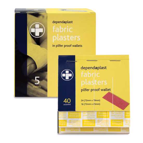 Box of 40 NZ Red Cross Fabric Plasters in various sizes for minor injuries; breathable, flexible, and easy to apply.