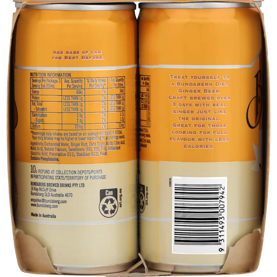 Bundaberg Diet Ginger Beer  Cans 6 x 200mL