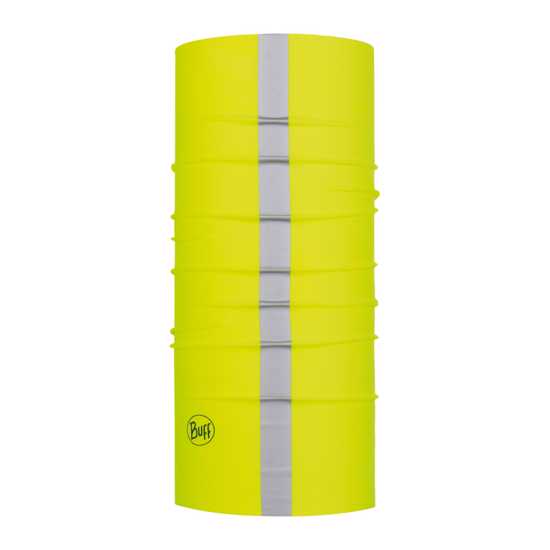 Multifunctional Fluro Yellow BUFF® headwear with reflective stripes, UPF 50+, and UltraStretch for outdoor activities.