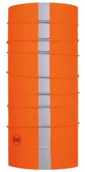 Vibrant Fluro Orange multifunctional headwear with retro-reflective stripes, moisture-wicking, and UPF 50+ protection.
