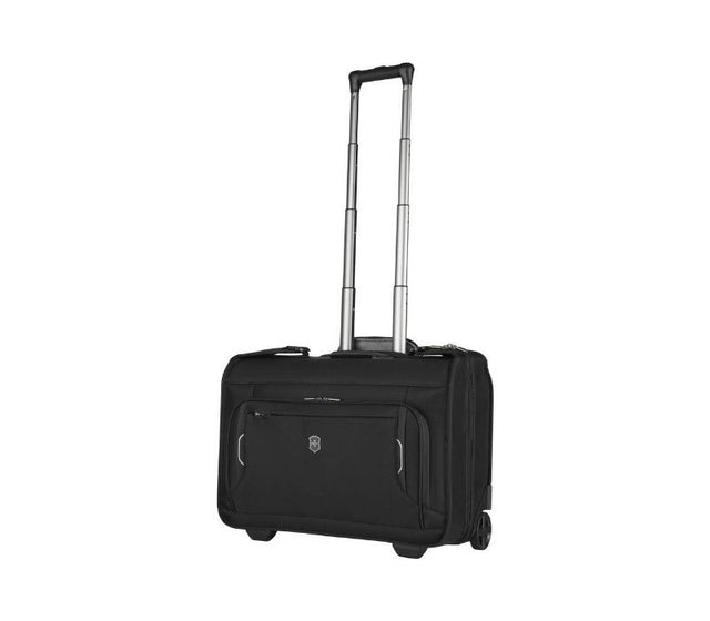 Wheeled black garment sleeve designed for wrinkle-free travel, featuring removable storage cubes and smooth-rolling wheels.