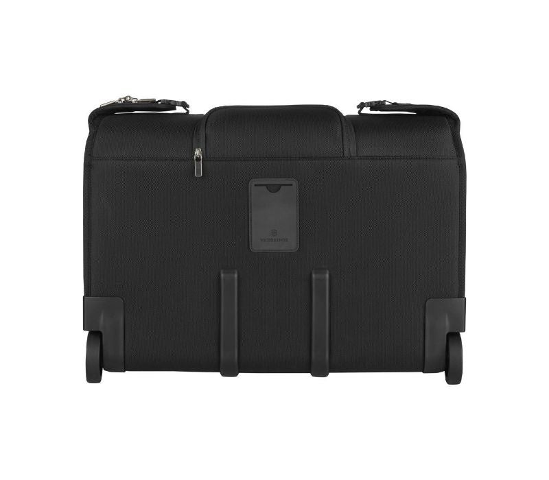 Wheeled garment sleeve in black, featuring hanger clamp, storage cubes, and smooth wheels for effortless travel.