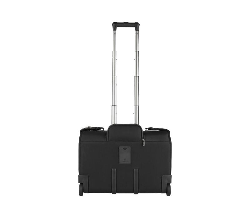 Wheeled black garment sleeve from Victorinox, designed to keep clothes wrinkle-free with innovative storage options for travel.