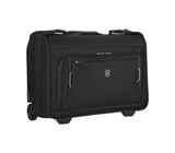 Sleek black Victorinox wheeled garment sleeve for wrinkle-free travel, featuring hanger clamp and two storage cubes.