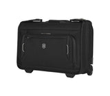 Victorinox Werks 6.0 Wheeled Garment Sleeve in black, featuring hanger clamp, two wheels, and organized interior for wrinkle-free travel.