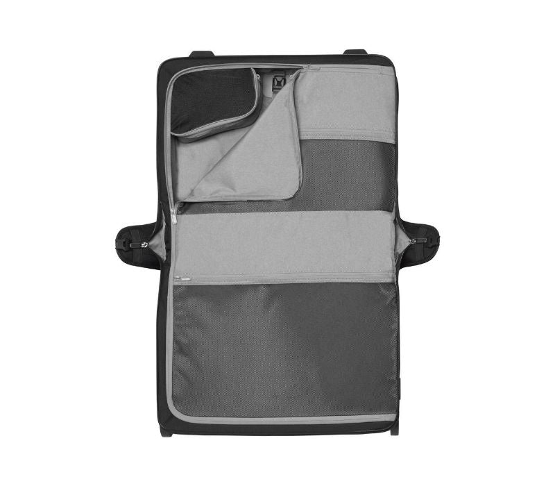 Wheeled garment sleeve in black, designed to keep clothes wrinkle-free with organizer pockets and easy-rolling wheels.