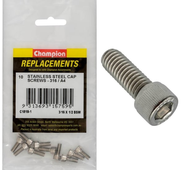 Stainless steel Champion BSW Socket Cap Screws, 3/16" x 1/2", 10-pack; durable, corrosion-resistant, ideal for various applications.