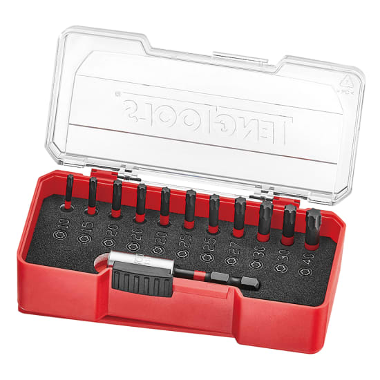 Teng 12 Piece 1/4" Impact Bits Set, featuring durable TX impact bits stored in a clear lid tray for easy access and organization.