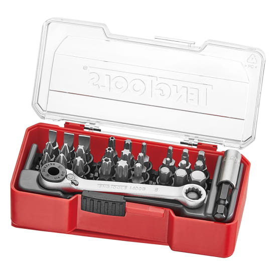 Teng 1/4" Bits Set - 29-piece set with various screwdriver bits and a mini ratchet, ideal for DIY and professional tasks.