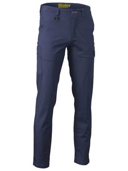 Navy Bisley Stretch Cotton Cargo Pants (Size 82) with pockets, UPF 50+, elastic fit, and antimicrobial treatment for comfort.