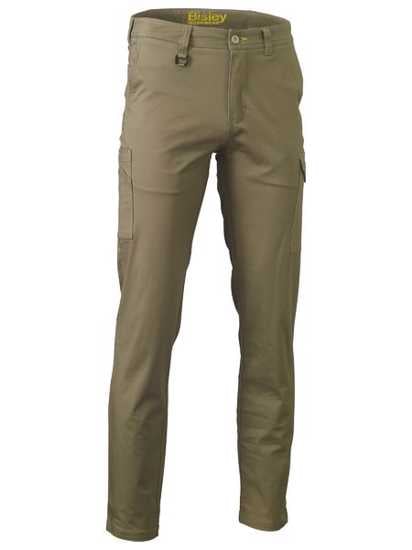 Khaki cargo pants with stretch cotton, featuring multiple pockets, antimicrobial treatment, and a curved waistband for comfort.