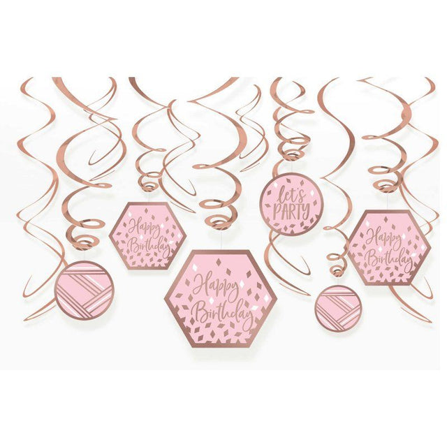 Blush birthday swirl decorations featuring 12 colorful swirls with cutouts for elegant party ambiance and easy hanging.