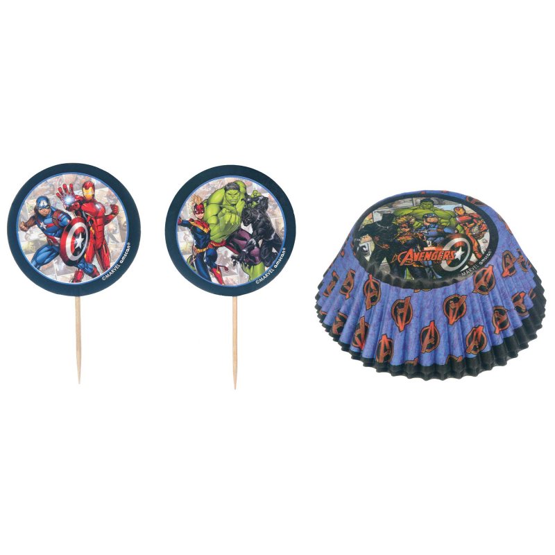 Colorful Marvel Powers Unite cupcake cases and picks set for superhero-themed parties, featuring 48 pieces for delightful treats.