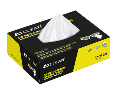 Bolle B-Clean B401 cleaning tissues in a 200-box, designed for crystal-clear lens cleaning and protection.