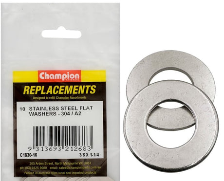 Upgrade your fastening with Champion 3/8" x 1 1/4" stainless flat washers, offering durability and corrosion resistance in a 10-pack.