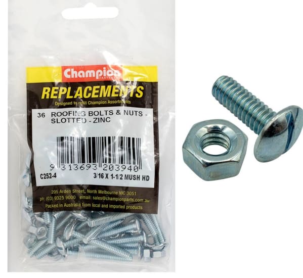 Durable Champion Roofing Screw and Nut pack, 3/16" x 1 1/2", includes 36 corrosion-resistant screws for reliable roofing.