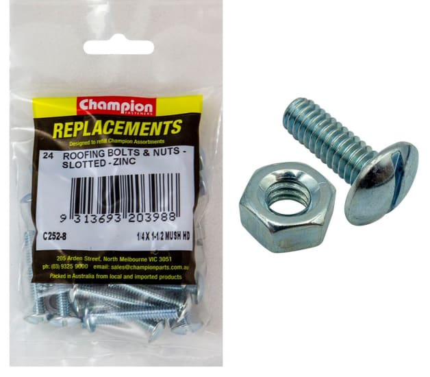 Durable Champion Roofing Screws and Nuts, 1/4" x 1 1/2", 24-pack, ideal for secure roofing installation and maintenance.