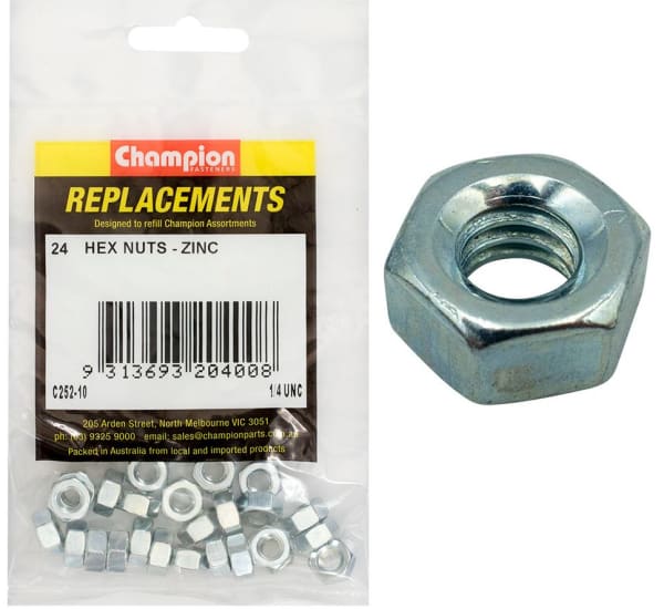 Champion Hexagon Nut 1/4" - 24 pack, heavy-duty, rust-resistant fasteners ideal for automotive and DIY projects.