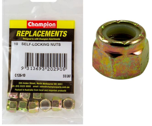 Champion 3/8in UNF self-locking nuts in a 10-pack, designed to resist vibration and ensure secure fastening for various projects.