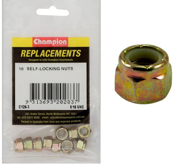 Champion 5/16in UNC nylon insert self-locking nuts in a 10-pack, designed to prevent loosening from vibrations for secure fastening.