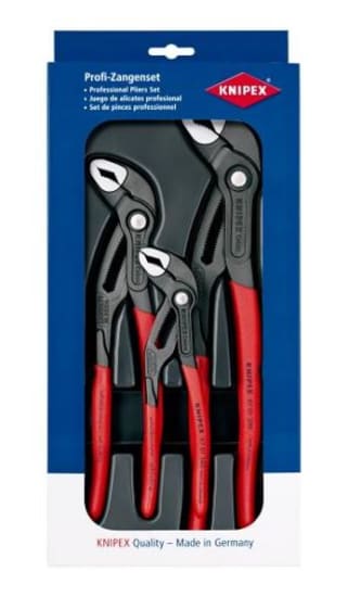 Three-piece Knipex Cobra pliers set in a cardboard box, featuring non-slip handles for excellent grip and durability.