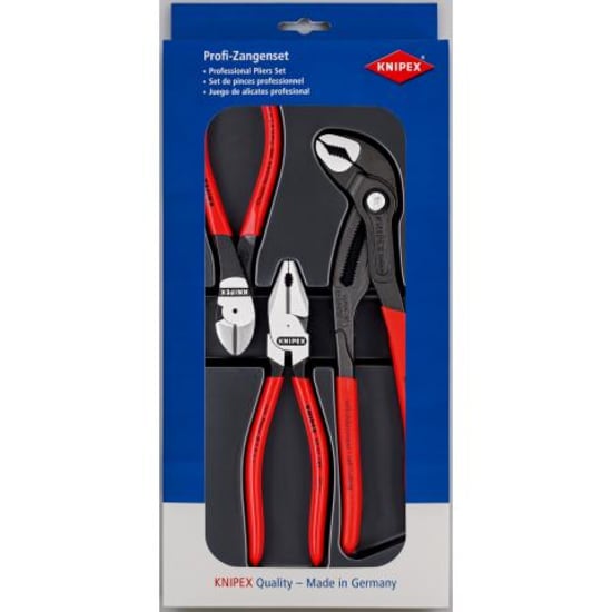 Knipex 3-piece tool kit with ergonomic pliers in a transparent tray, ideal for professionals and DIY tasks.