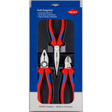 Knipex 3-piece assembly tool kit in a transparent-lid tray, featuring durable pliers with comfortable multi-component grips.