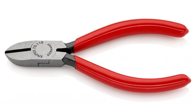 Knipex 110mm diagonal cutter, vanadium electric steel, precision cutting edges for soft and hard wire in tight spaces.