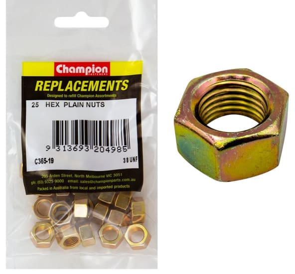 High-quality Champion UNF hexagon nuts in a 25-pack, durable 3/8" fasteners for reliable automotive and DIY projects.